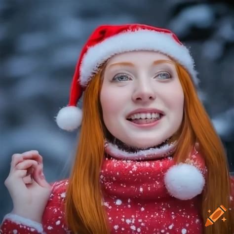 Festive Redhead Girl Enjoying Snow On Christmas Night