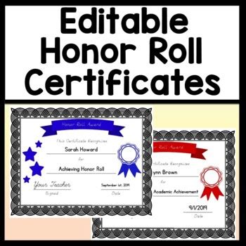 honor roll certificates   editable   colors tpt