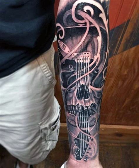 ornate skull guitar mens forearm sleeve tattoos tattoos  guys