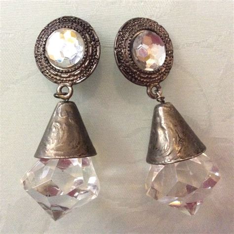vintage silver tone dangle clip  earrings large  vintageorder