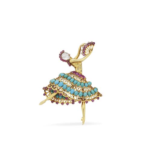 a turquoise ruby and diamond ballerina brooch by van