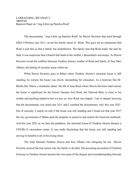 reaction paper ang lihim ng pamilya rizal larrazabal ricamae