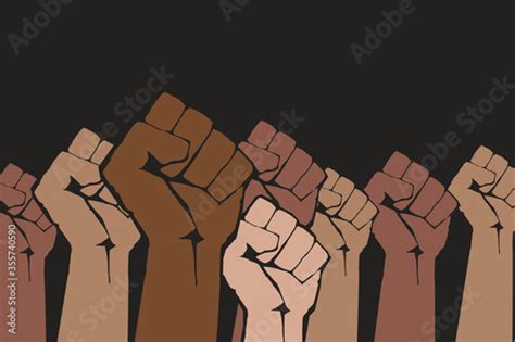 stop racism many multi colored fist protesting on dark background