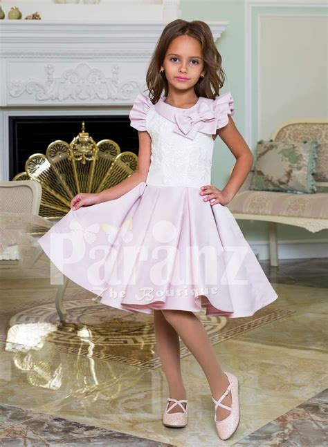 Tea Length Rich Satin Party Dress For Girls With White Lace Work Bodice
