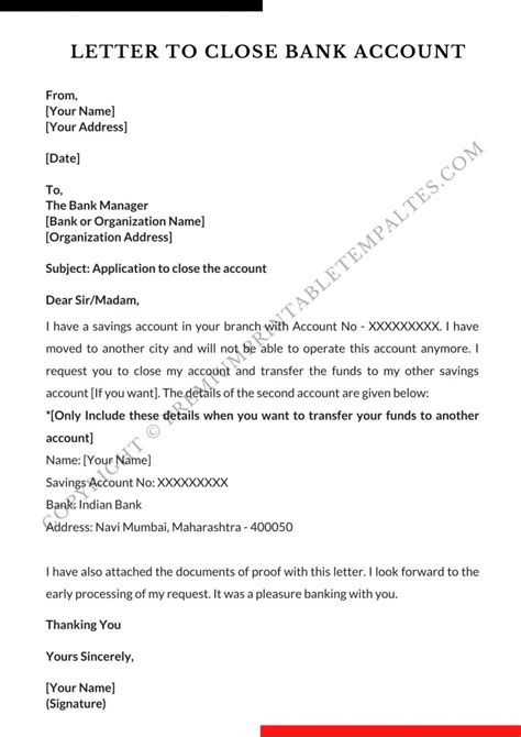 bank account closing letter printable template   word pack