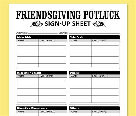 thanksgiving potluck sign  sheet printable template friendsgiving