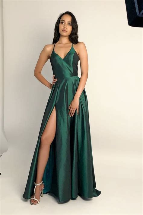 Green Satin Long Prom Dresses Spaghetti Straps Party Dresses Split