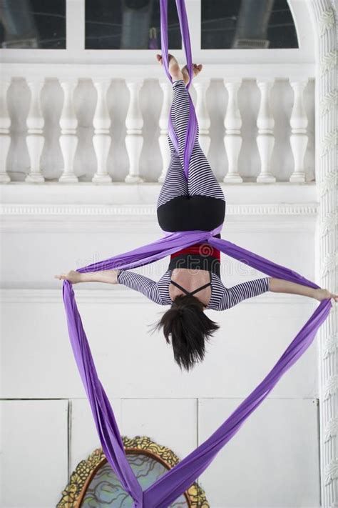 Back Of Young Woman Hangs Upside Down On The Aerial Silk Stock Image