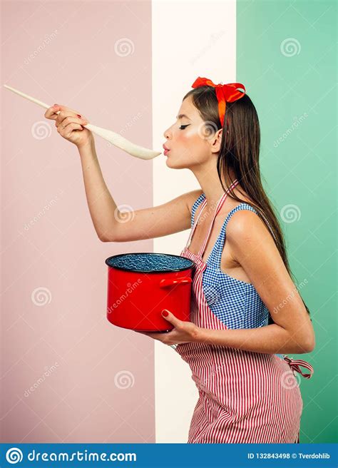 Perfect Housewife Pinup Girl With Fashion Hair Retro Woman Cooking In