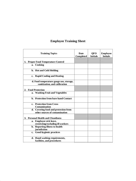 training sheet examples  samples   word pages examples