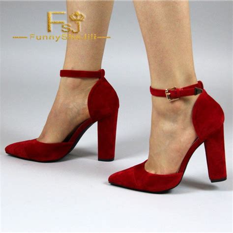 Women S Red Ankle Strap Heels Suede Pointy Toe Chunky Heel