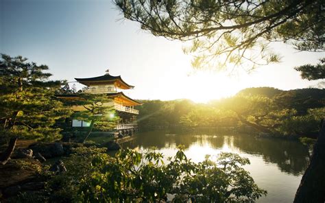 temple   golden pavilion asian architecture lake sunlight japan kyoto trees