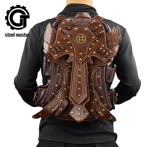 steampunk double backpack retro fashion gothic retro rock bag pu leather mens brown detachable