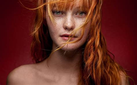 Women Redhead Face Freckles Kacy Anne Hill Green Eyes Bare Shoulders