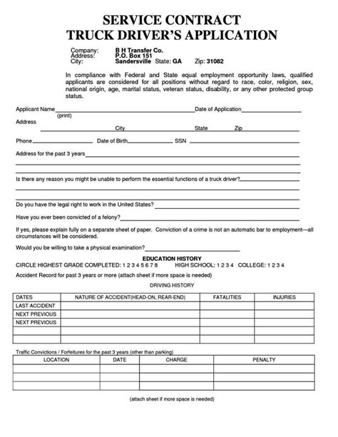 truck driver employment application form template sampletemplatess