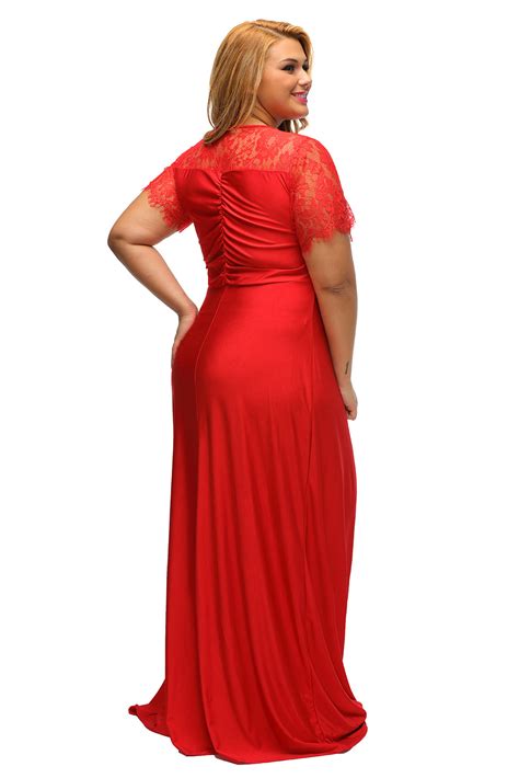 Cheap Red Lace Yoke Ruched Twist High Waist Plus Size Gown