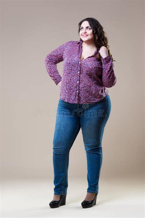 Plus Size Fashion Model In Casual Clothes Fat Woman On Beige