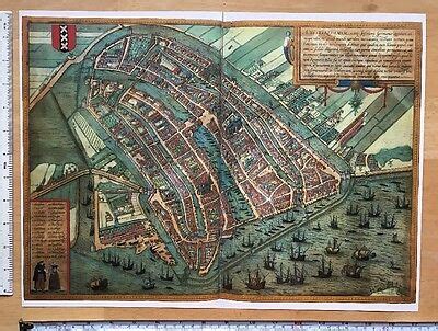 antique map amsterdam netherlands  braun hogenberg reprint  tudor ebay
