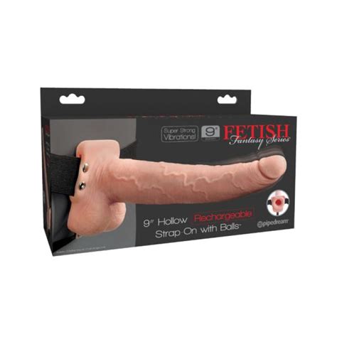 fetish fantasy 9in hollow rechargeable strap on with balls flesh on
