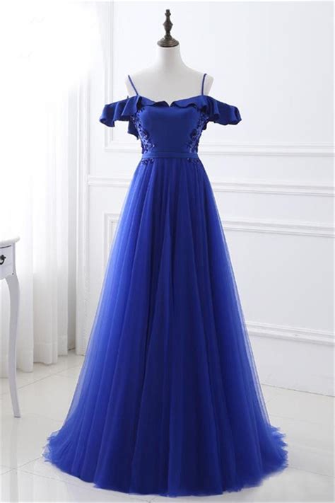 a line off the shoulder royal blue tulle prom dress with