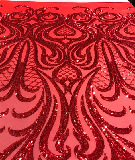 red  stretch sequins lace mesh fabric  width sold  etsy