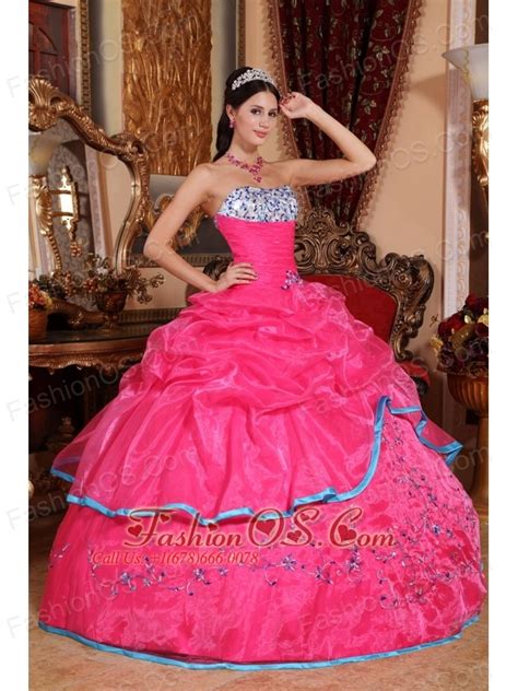 Pretty Rose Pink Quinceanera Dress Strapless Organza Appliques Ball Gown