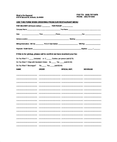 templates sample food order form  examples  word
