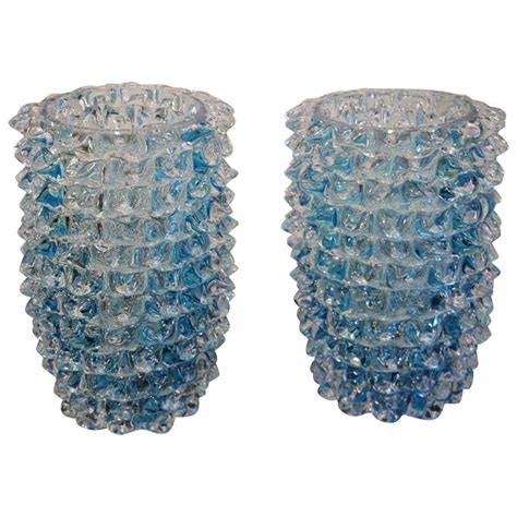Pair Of Turquoise Blue Vase In Murano Glass With Spikes Decor Barovier