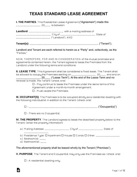 texas standard residential lease agreement  word eforms