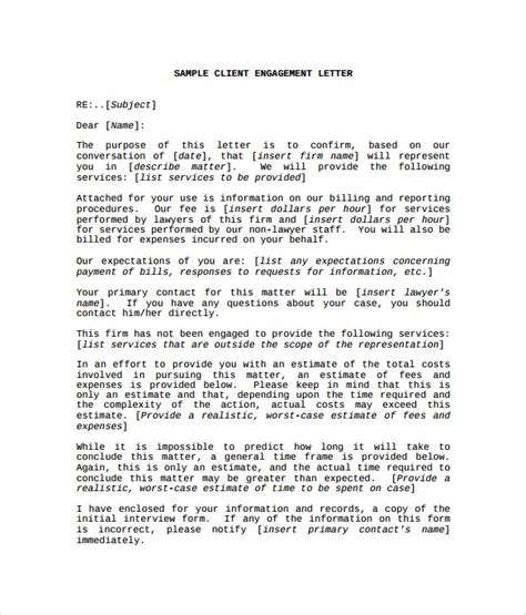 sample engagement letter attorney    letter template