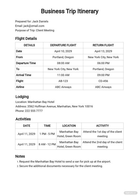 itinerary samples format examples