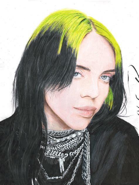 heres  billie eilish drawing     green hair realistic colored pencil