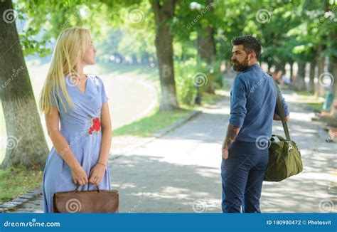 Strangers Girl And Guy Flirting Looking Each Other On Street Stock