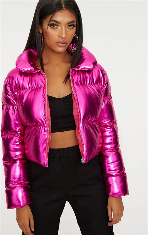 hot pink metallic cropped puffer jacket prettylittlething ca