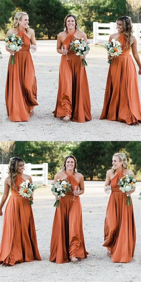 burnt orange long bridesmaid dressesa  halter floor length bridesmaid dress  pleats