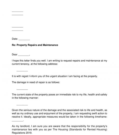 letter  landlord requesting repairs sample template