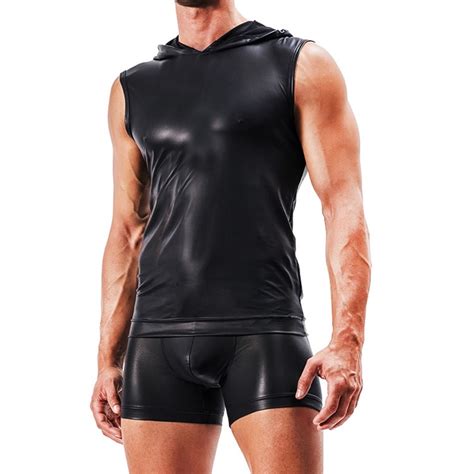 latex men sexy faux leather male fashion undershirts men black tees