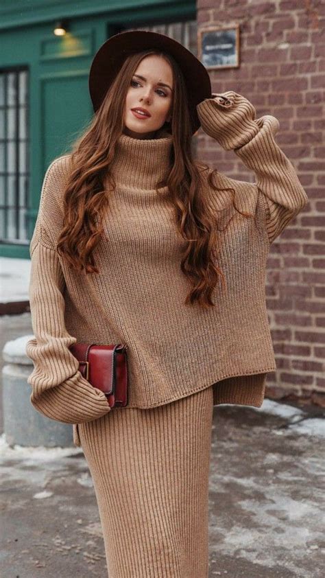 Knitwear Fashion Brown Sweater Dress Turtleneck Outfit Ladies