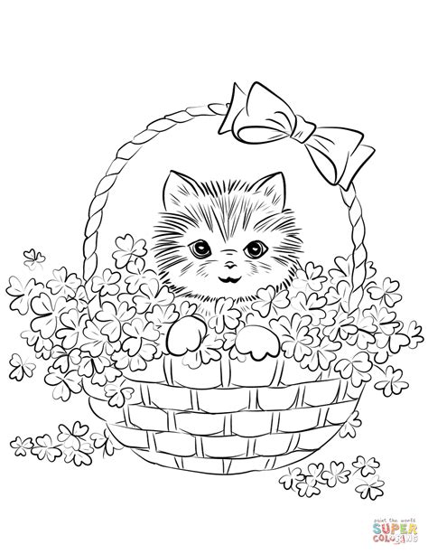 cute kitten  basket  shamrock coloring page  printable