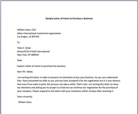 letter  intent  purchase business template business