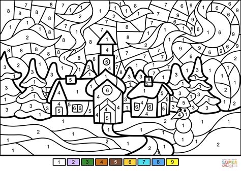 winter town color  number  printable coloring pages