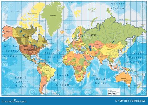 detailed world map   names  countries stock photography