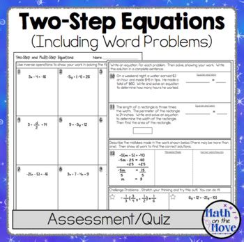 step equations quiz  worksheet includes word problems word