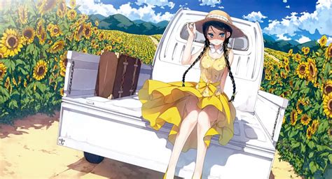 original anime girl sunflower sunshine sunlight yellow dress car summer long hair wallpaper
