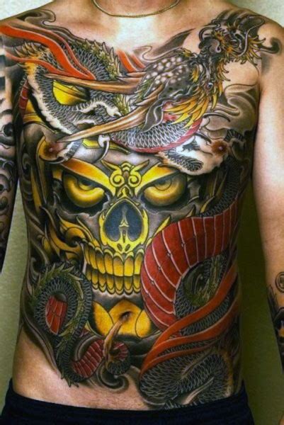 Neo Japanese Style Colorful Whole Chest Tattoo Of Mystical Skull And