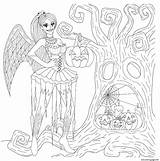 Coloring Goth Halloween Pages Tree Printable Spooky Pumpkins Fairy sketch template