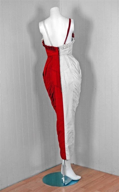 1950 s seductive red and white hourglass shelf bust ruched evening gown