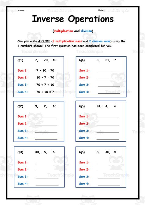 inverse operations multiplication  division worksheet  teach simple