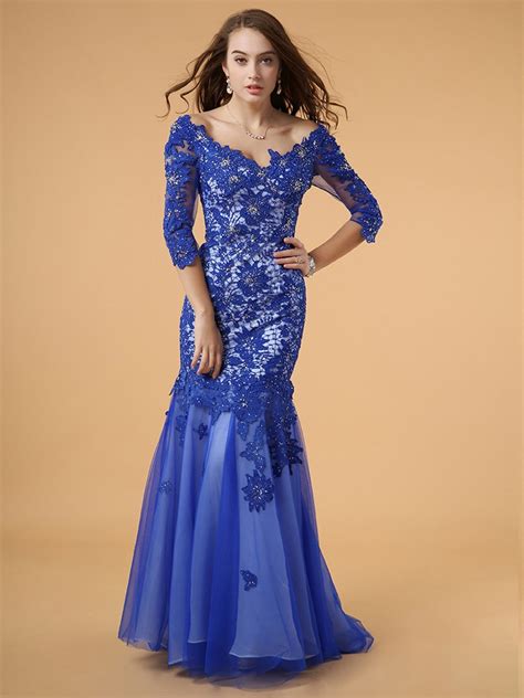 sexy mermaid off the shoulder backless royal blue lace tulle prom dress