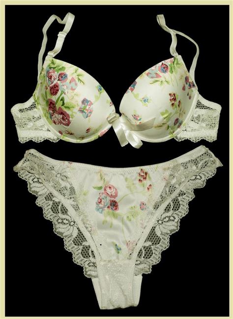 Cream Satin Lace Floral Prints Push Up Bra Panties Set 10c 12c 14c 16c